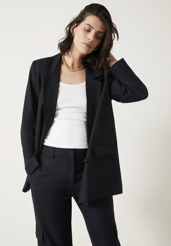 Double Breasted Pinstripe Wool Blend Blazer 1 Double Breasted Pinstripe Wool Blend Blazer