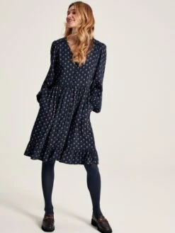 Navy Blue Button Down Dress With Peplum Hem
