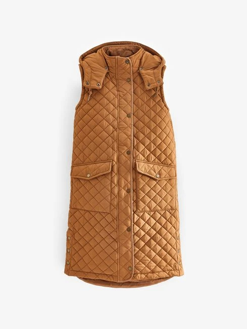 Rust Brown Showerproof Longline Diamond Quilted Gilet 7 Rust Brown Showerproof Longline Diamond Quilted Gilet - Image 7