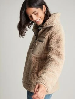 Tan Brown Zip Front Fleece With Hem Detail -Clothing Store 862446s3