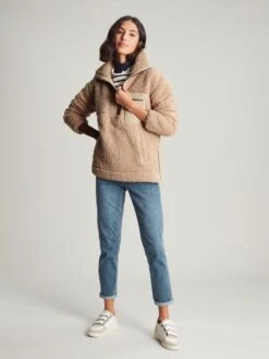 Tan Brown Zip Front Fleece With Hem Detail -Clothing Store 862446s4