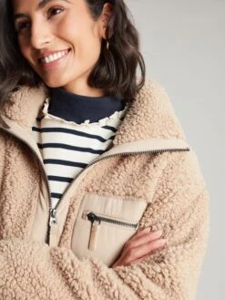 Tan Brown Zip Front Fleece With Hem Detail -Clothing Store 862446s5