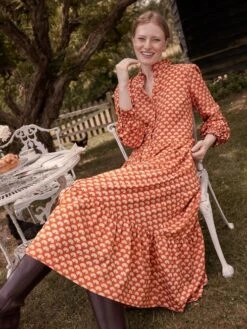 Burnt Orange Midi Tier Dress With Frill Neck -Clothing Store C10795s7