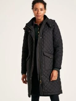 Black Showerproof Quilted Coat With Hood