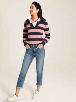 Navy Blue Striped V Neck Jumper With Collar