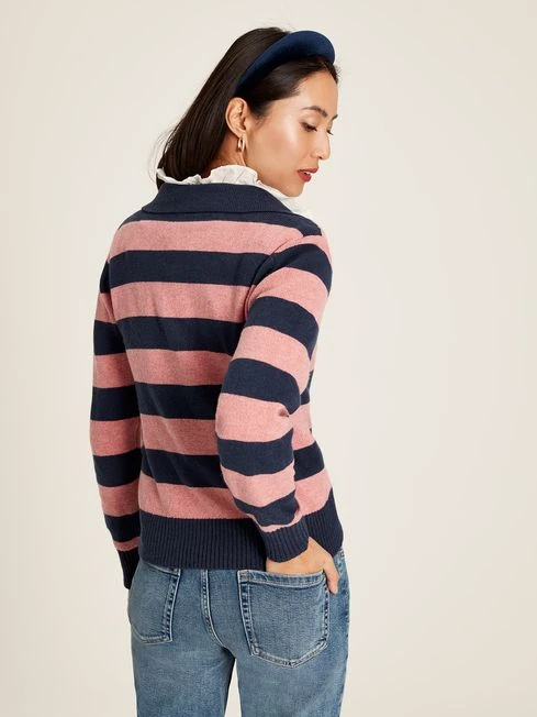 Navy Blue Striped V Neck Jumper With Collar 2 Navy Blue Striped V Neck Jumper With Collar - Image 2