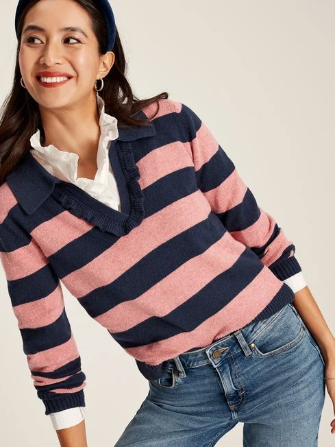 Navy Blue Striped V Neck Jumper With Collar 3 Navy Blue Striped V Neck Jumper With Collar - Image 3