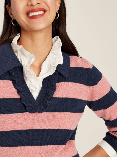Navy Blue Striped V Neck Jumper With Collar 4 Navy Blue Striped V Neck Jumper With Collar - Image 4