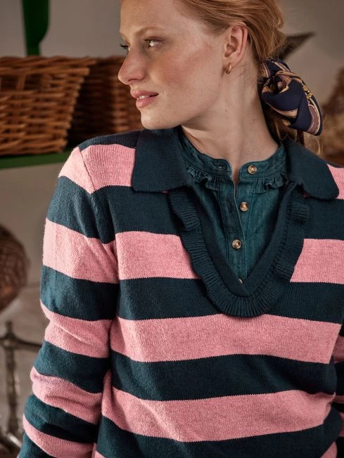 Navy Blue Striped V Neck Jumper With Collar 6 Navy Blue Striped V Neck Jumper With Collar - Image 6
