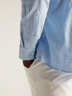 Blue Linen Blend Houndstooth Classic Fit Shirt 9 Blue Linen Blend Houndstooth Classic Fit Shirt -Clothing Store N01043s4