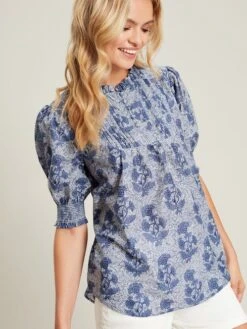 Blue Pleated Bib Blouse -Clothing Store N02599s3