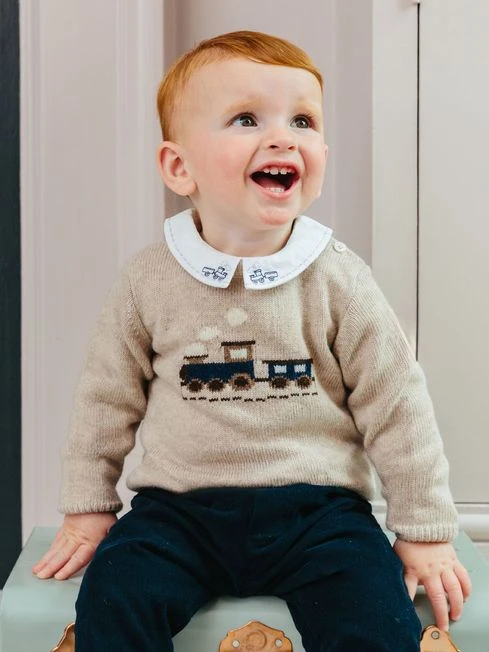 Trotters London Natural Little Oatmeal Thomas Train Jumper 1 Trotters London Natural Little Oatmeal Thomas Train Jumper