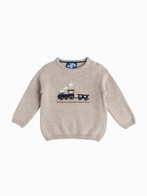 Trotters London Natural Little Oatmeal Thomas Train Jumper 2 Trotters London Natural Little Oatmeal Thomas Train Jumper - Image 2