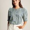 Blue Ditsy Blouse With Frilled Bib