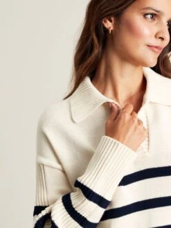 Cream Navy Blue Striped Collared Jumper -Clothing Store U75382s4