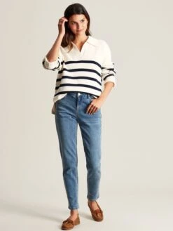 Cream Navy Blue Striped Collared Jumper -Clothing Store U75382s5