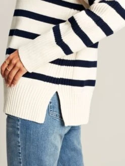 Cream Navy Blue Striped Collared Jumper -Clothing Store U75382s6